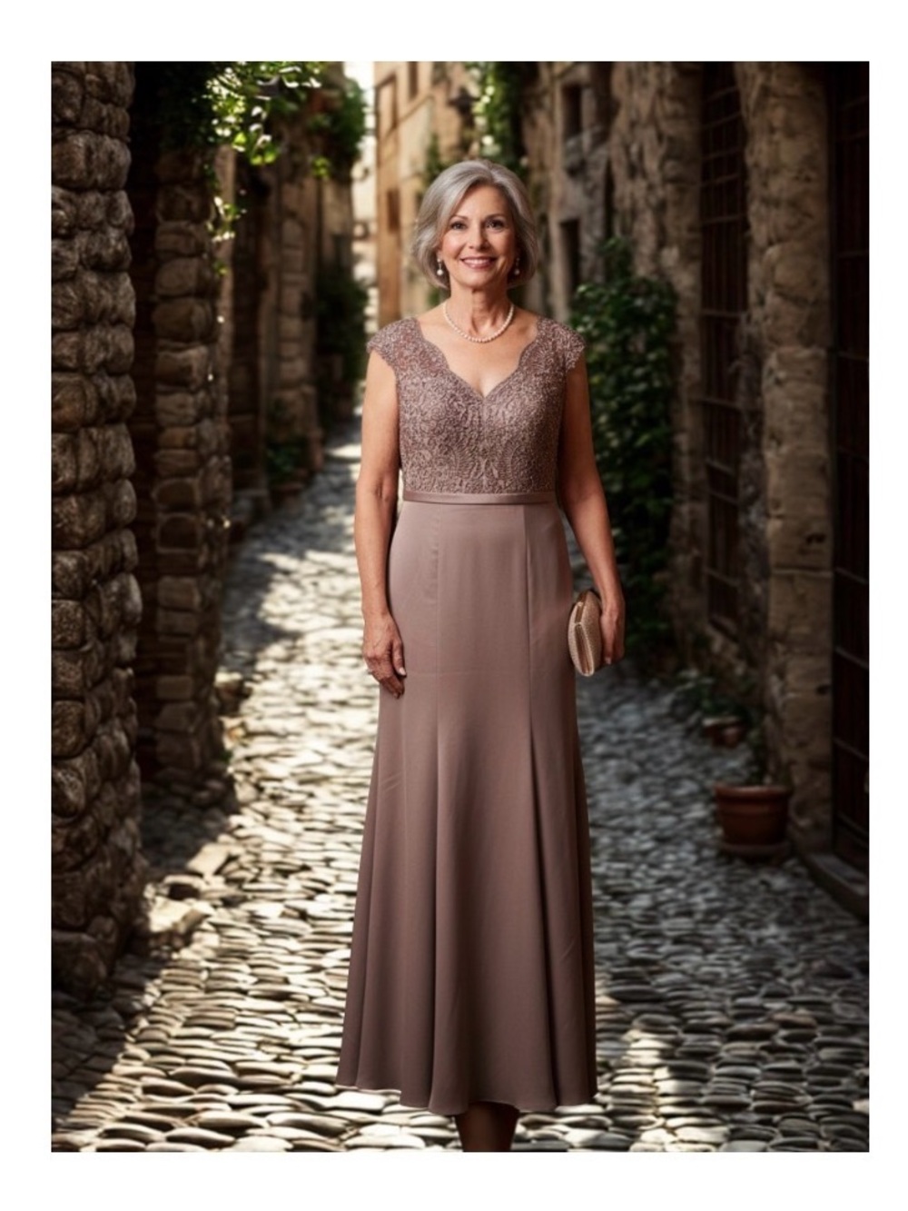 La Femme Taupe Lace Bodice Midi Dress